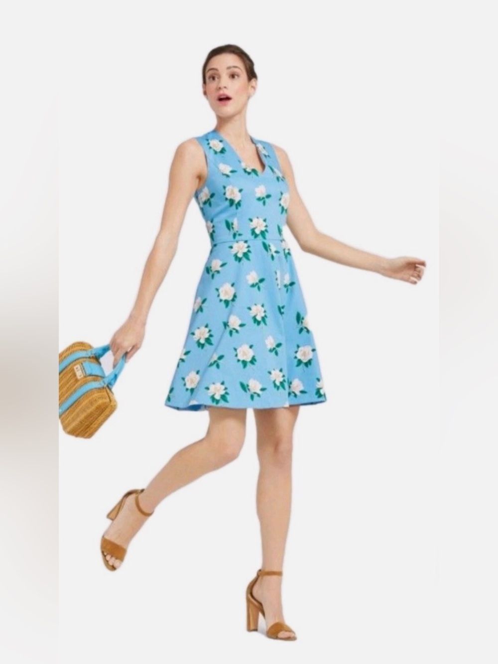 Draper James Magnolia LoveBlue Floral V‑Neck Sleeveless Fit and Flare Dress